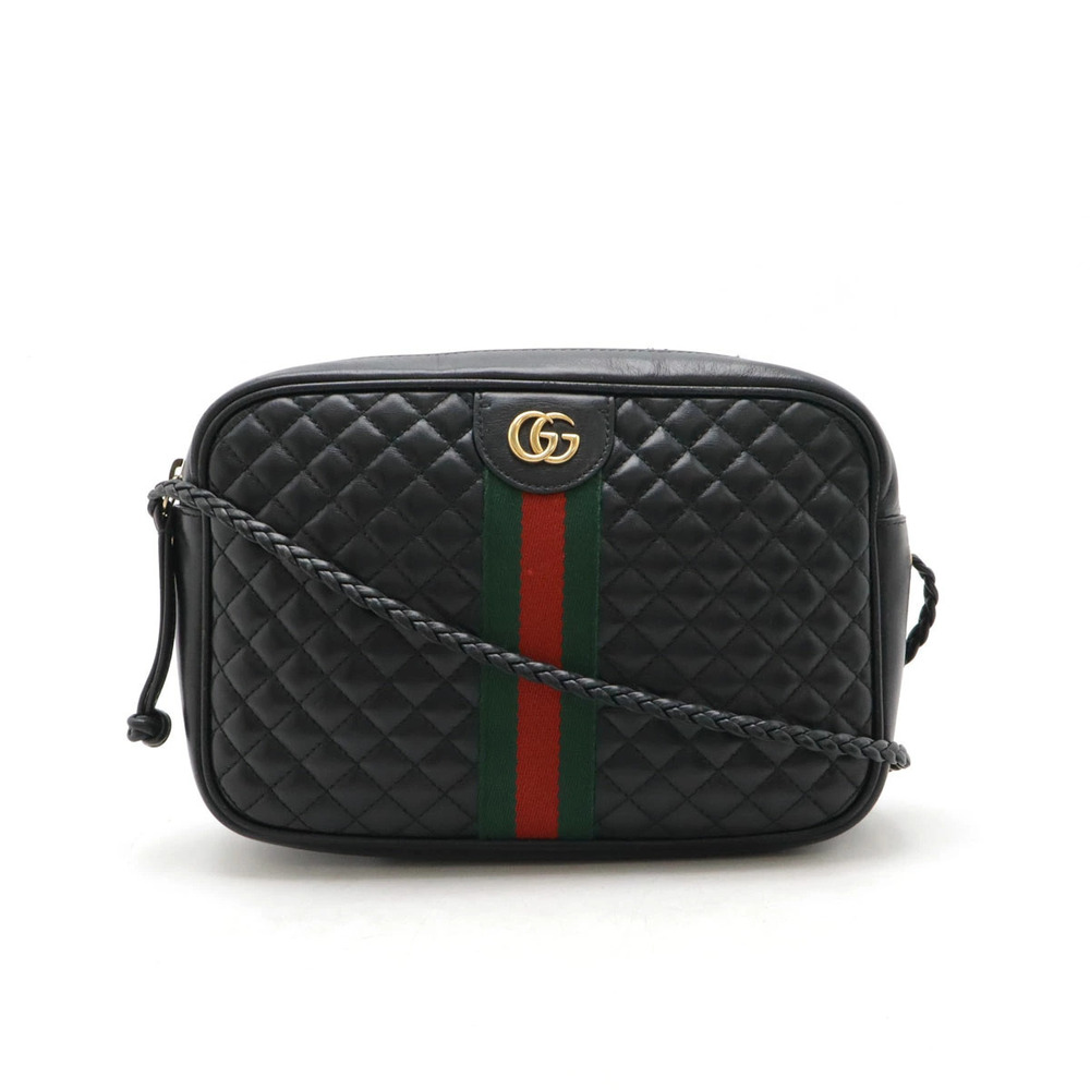 Gucci GG Marmont Sherry Shoulder Bag Woven Strap Quilted Leather Black